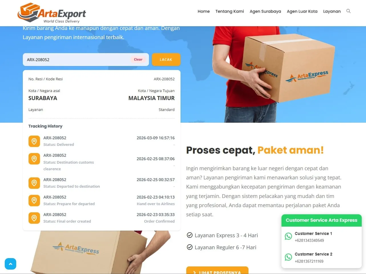 Halaman pelacakan Arta Express menampilkan riwayat status pengiriman paket secara real-time