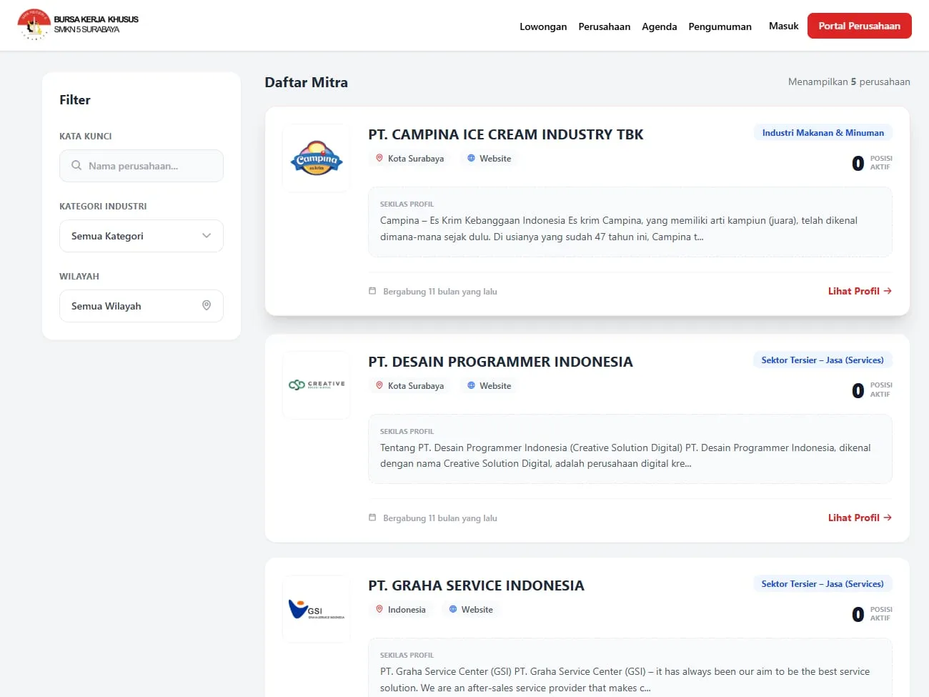 Direktori perusahaan mitra pada portal BKK SMKN 5 Surabaya dengan filter pencarian