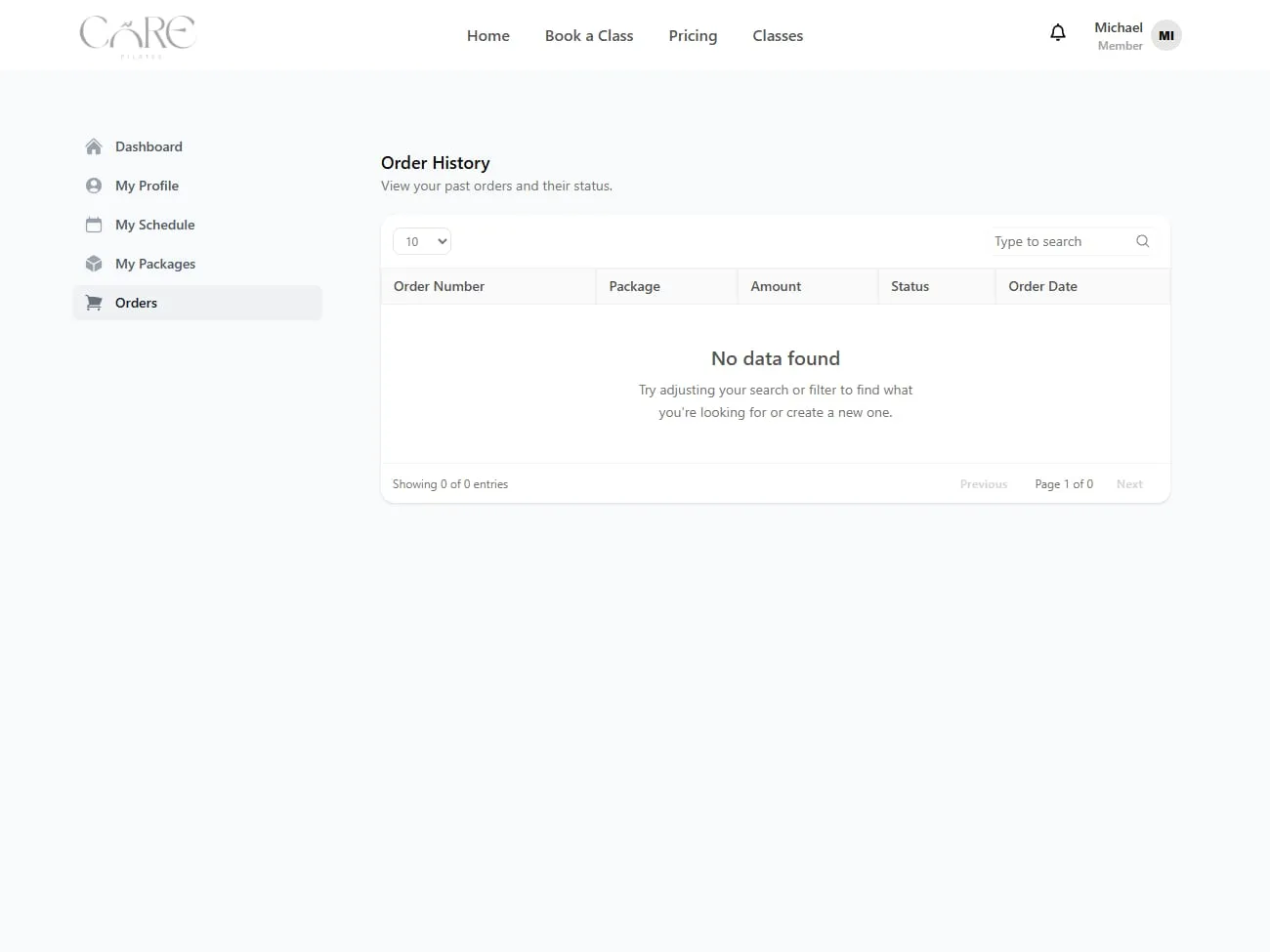 Portal member Core Pilates — halaman riwayat pesanan dan booking