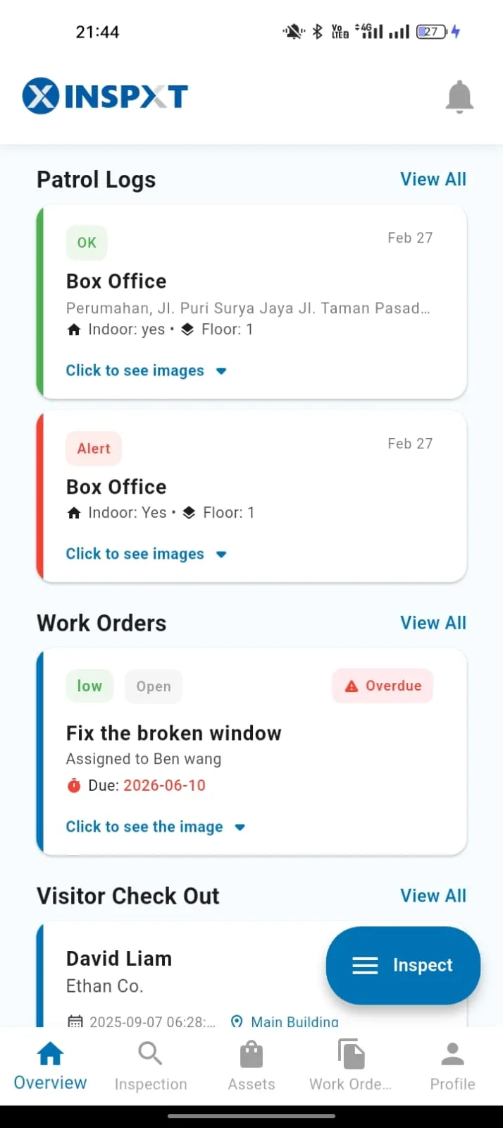 Aplikasi mobile Inspxt buatan CSD — dashboard patroli, work order, dan kunjungan tamu