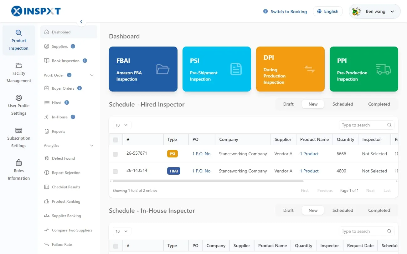 Dashboard web Inspxt — penjadwalan inspeksi produk (FBAI, PSI, DPI, PPI) dan daftar inspektur